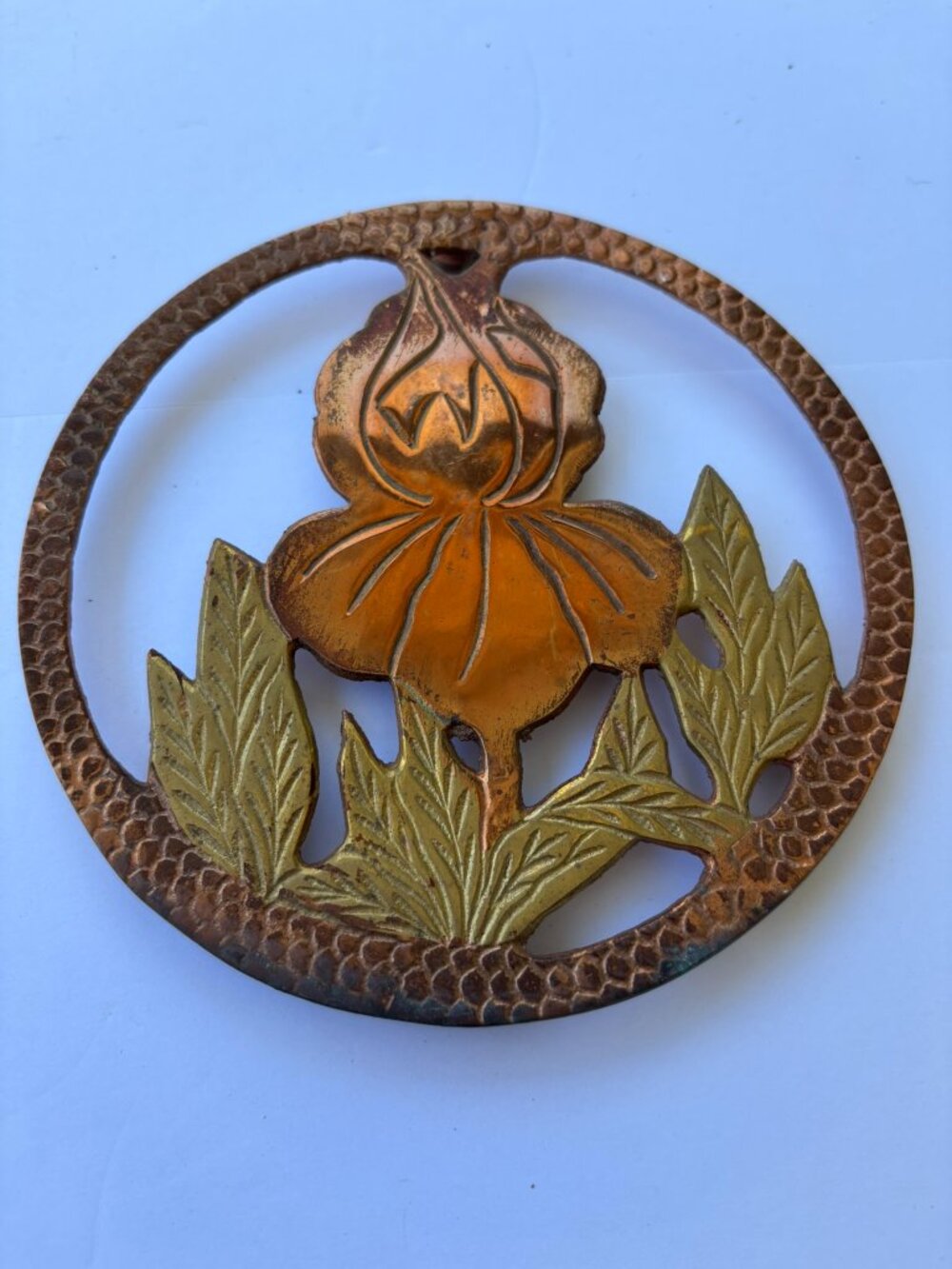 Vintage Mixed Metal Copper Brass Iris Flower Round Trivet Wall Decor Made in Ind